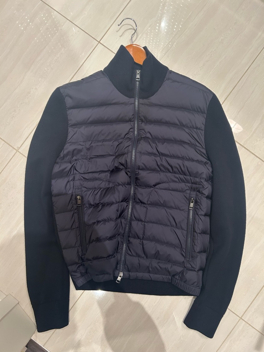 Moncler Men's Black Quilted Front Puffer Jacket with Knit Sleeves